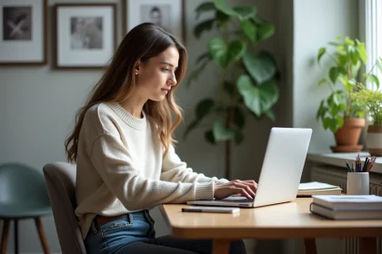 Jeune femme concentrée sur son ordinateur portable dans un appartement moderne