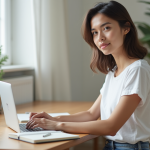 Jeune femme en bureau maison avec ordinateur et plantes