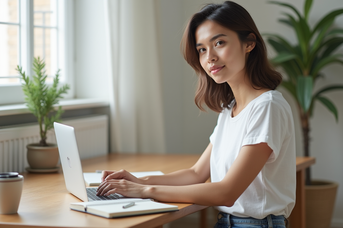 Jeune femme en bureau maison avec ordinateur et plantes