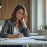 Jeune femme au bureau en tenue casual en train de remplir un test d'aptitude