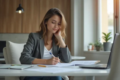 Jeune femme au bureau en tenue casual en train de remplir un test d'aptitude