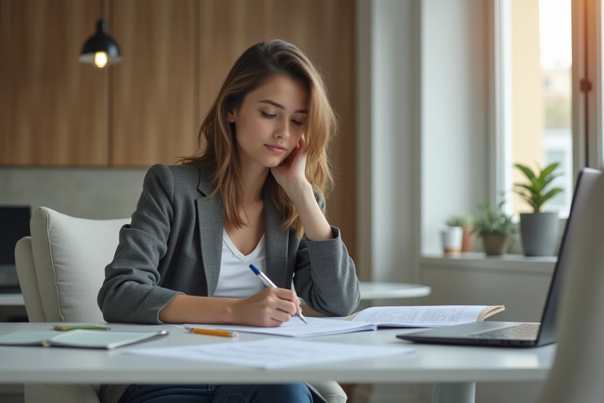 Jeune femme au bureau en tenue casual en train de remplir un test d'aptitude