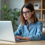 Jeune femme concentrée sur son ordinateur dans un espace moderne