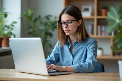 Jeune femme concentrée sur son ordinateur dans un espace moderne
