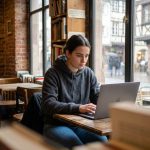 Jeune femme concentrée sur son ordinateur dans un café strasbourgeois