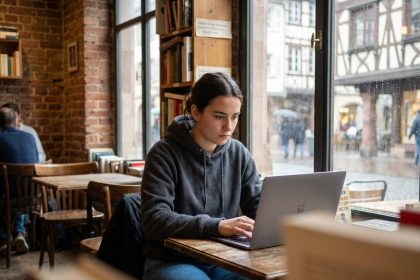 Jeune femme concentrée sur son ordinateur dans un café strasbourgeois