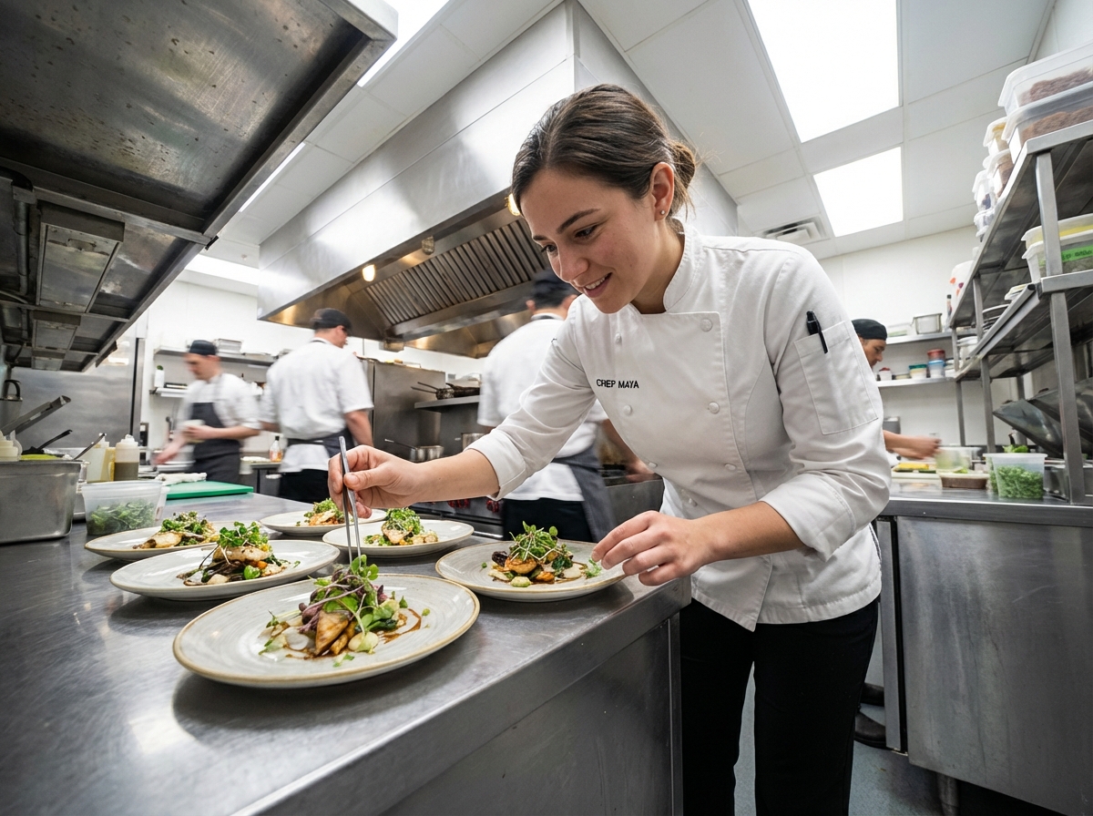 Jeune femme chef en cuisine professionnelle en action