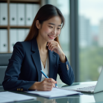 Jeune femme confiante en costume bleu dans un bureau moderne