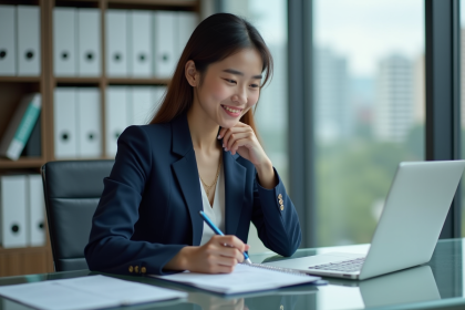 Jeune femme confiante en costume bleu dans un bureau moderne