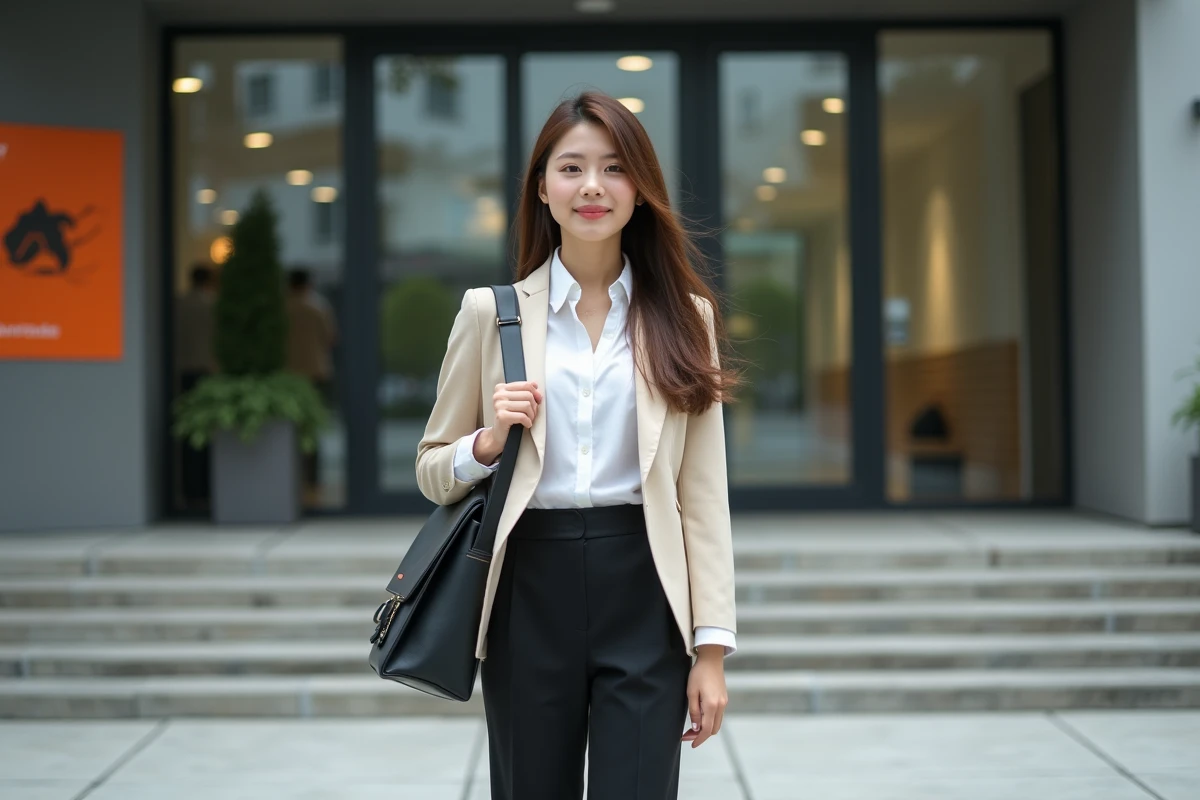 Jeune femme confiante devant une école de design contemporaine