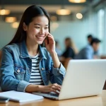 Jeune femme concentrée à son bureau universitaire avec ordinateur