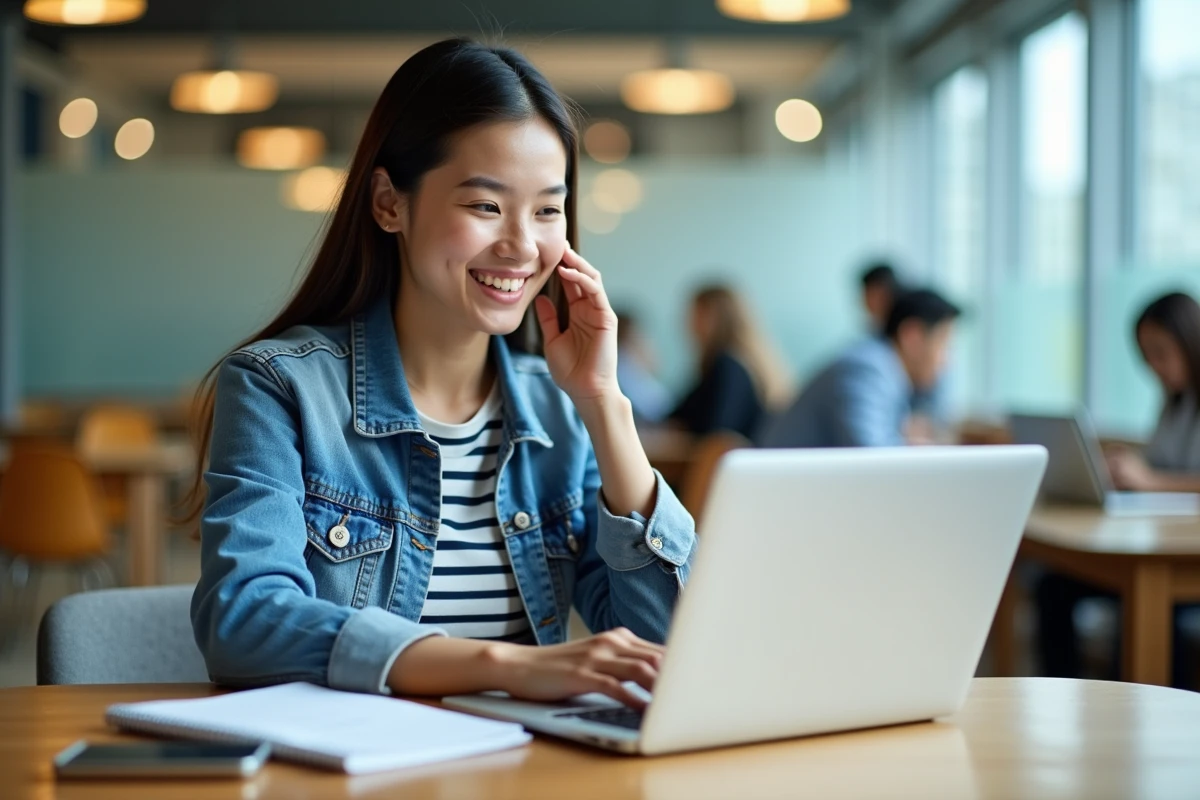 Jeune femme concentrée à son bureau universitaire avec ordinateur