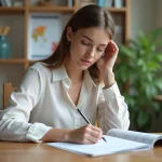 Jeune femme concentrée à étudier la grammaire française