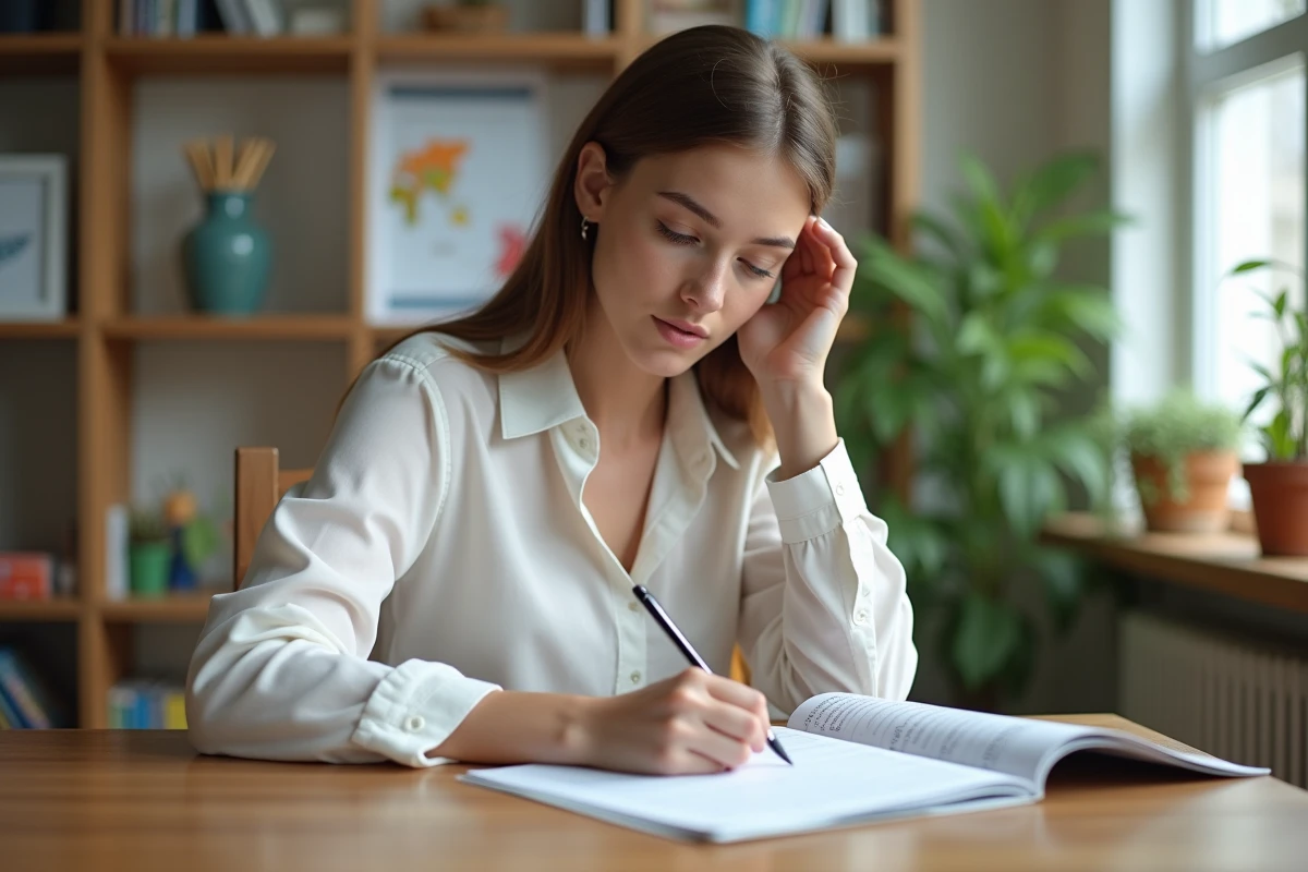 Jeune femme concentrée à étudier la grammaire française