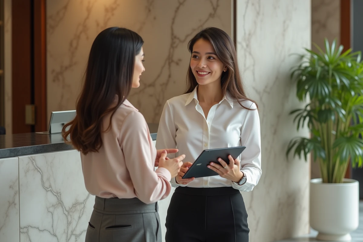 Jeune femme en blouse discutant avec collègue dans hotel