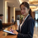 Jeune femme professionnelle note feedback sur tablette à la réception d'un hôtel