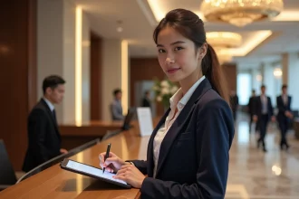 Jeune femme professionnelle note feedback sur tablette à la réception d'un hôtel
