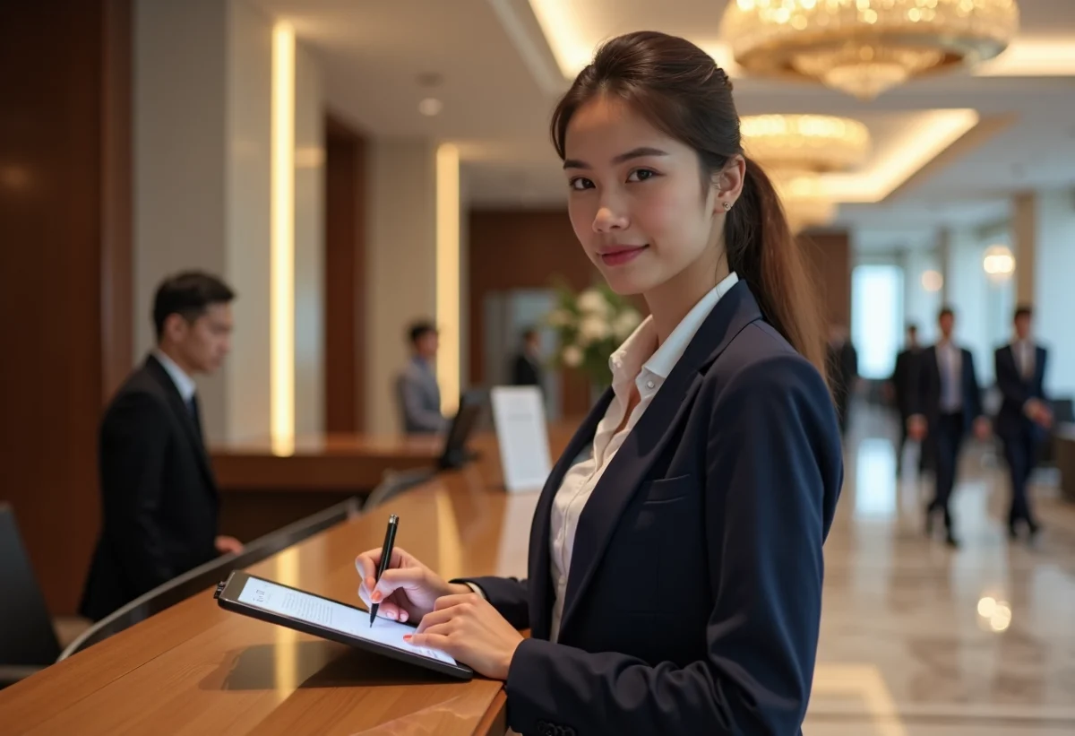 Jeune femme professionnelle note feedback sur tablette à la réception d'un hôtel