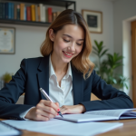 Jeune femme lisant des documents académiques dans un bureau universitaire
