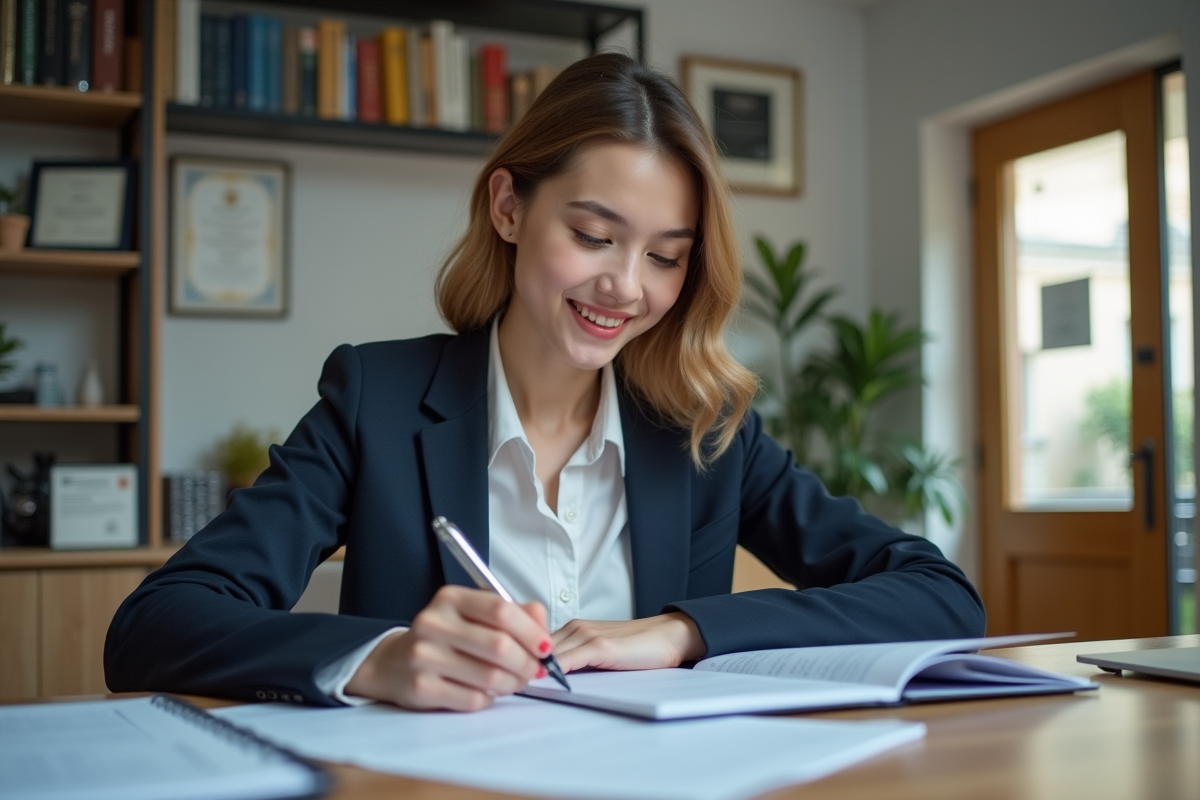 Jeune femme lisant des documents académiques dans un bureau universitaire