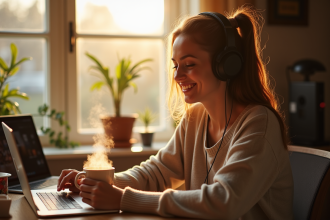 Jeune femme écoutant un podcast au bureau avec café