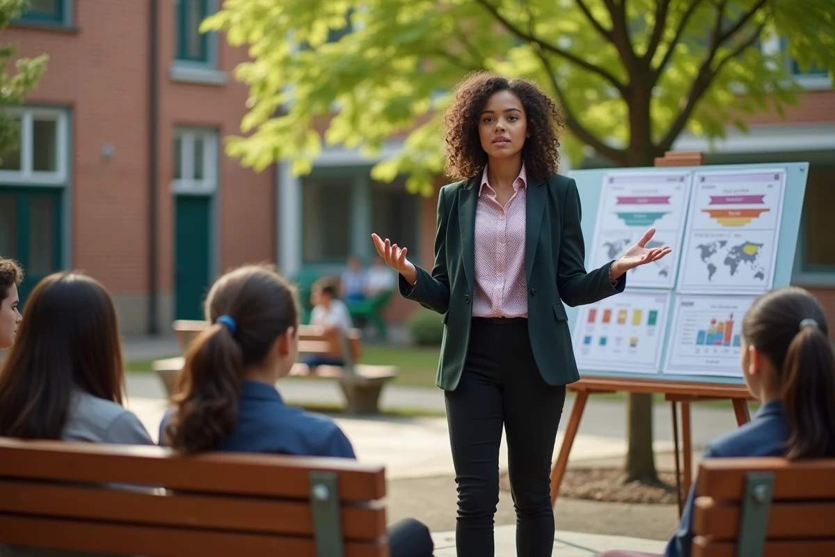 Jeune femme présentant un projet à des adolescents en plein air