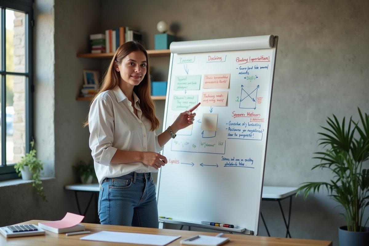Jeune femme parlant devant un tableau blanc créatif