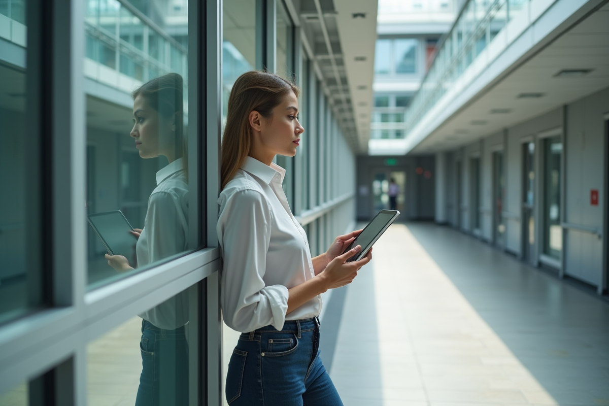 Jeune femme chercheuse dans un couloir universitaire