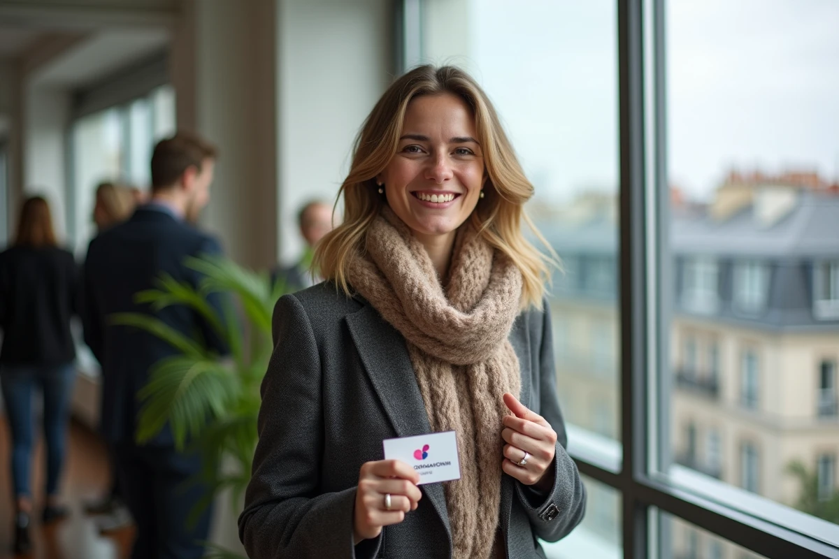 Jeune femme souriante avec badge lors d