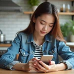 Jeune femme avec smartphone dans une cuisine moderne