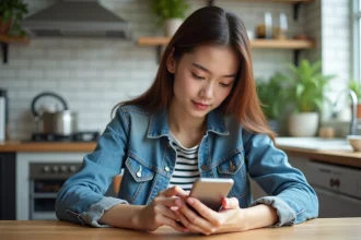 Jeune femme avec smartphone dans une cuisine moderne