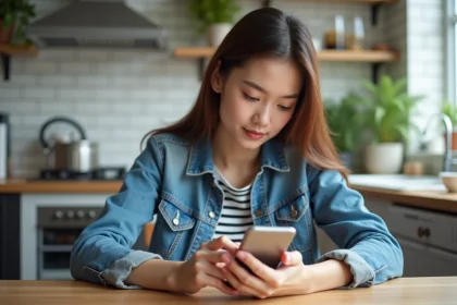 Jeune femme avec smartphone dans une cuisine moderne