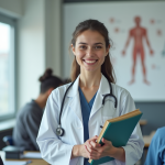 Jeune femme souriante en classe de médecine avec stethoscope