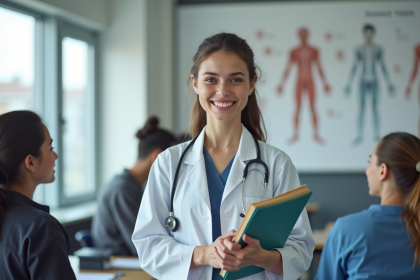 Jeune femme souriante en classe de médecine avec stethoscope