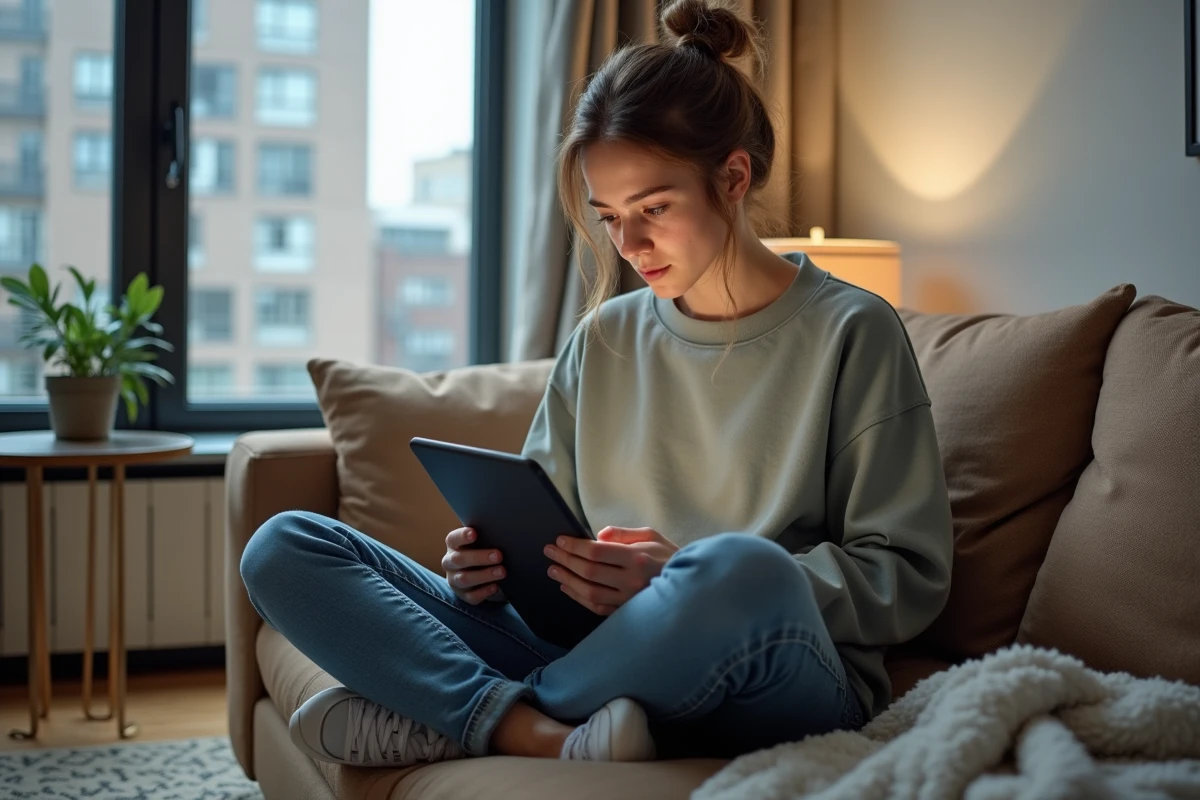 Jeune femme détendue utilisant sa tablette dans un salon cosy