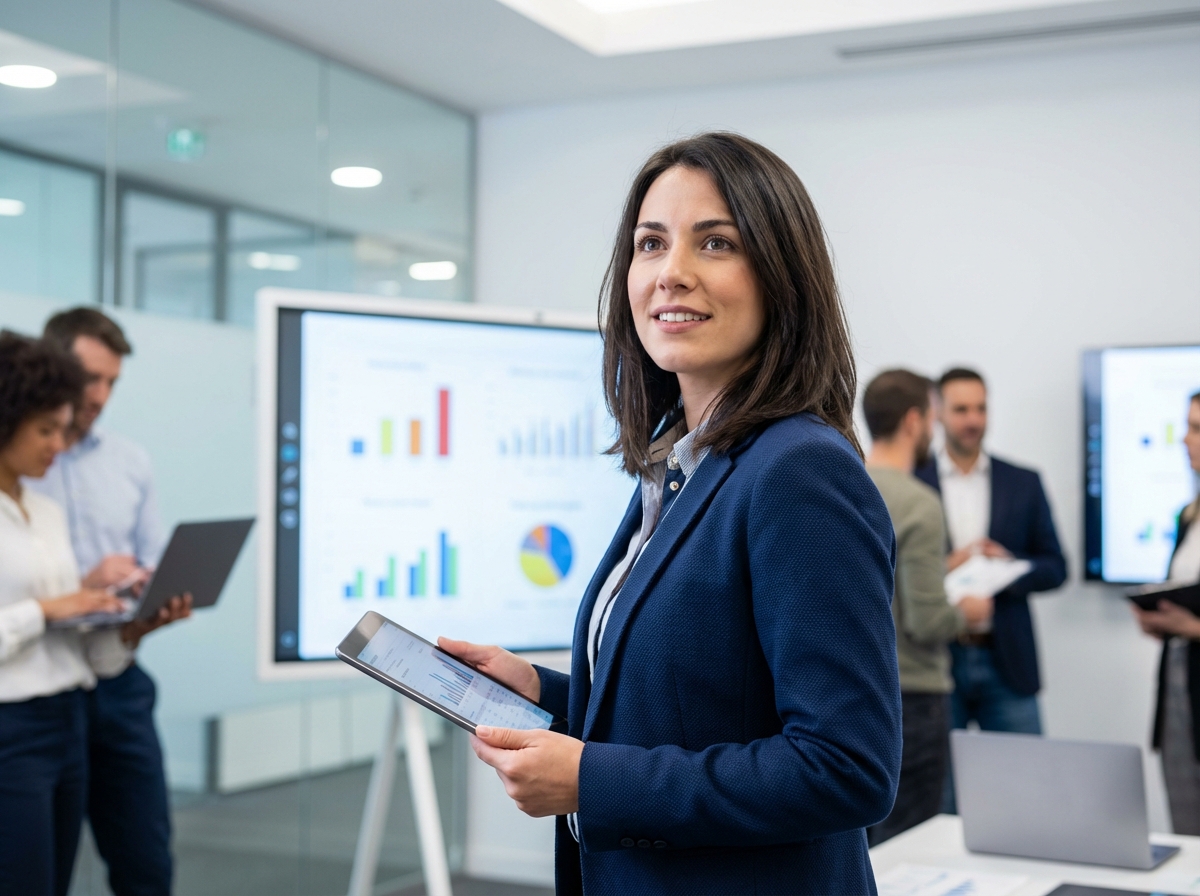 Jeune femme confiante avec tablette en formation