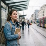 Jeune femme à la gare de tram à Rennes contemplant la ville