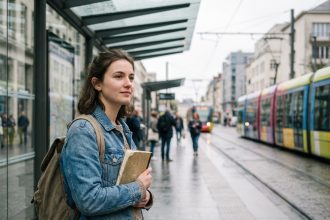Jeune femme à la gare de tram à Rennes contemplant la ville