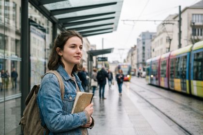 Jeune femme à la gare de tram à Rennes contemplant la ville