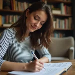 Jeune femme concentrée à écrire des astuces de grammaire française