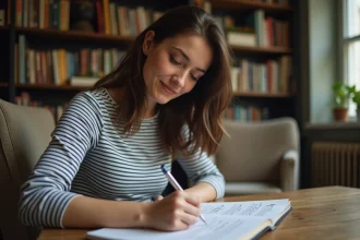 Jeune femme concentrée à écrire des astuces de grammaire française