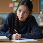 Jeune fille studieuse écrivant dans un livre de littérature française