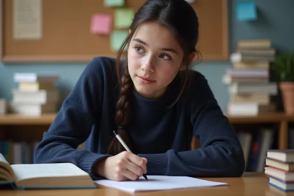 Jeune fille studieuse écrivant dans un livre de littérature française