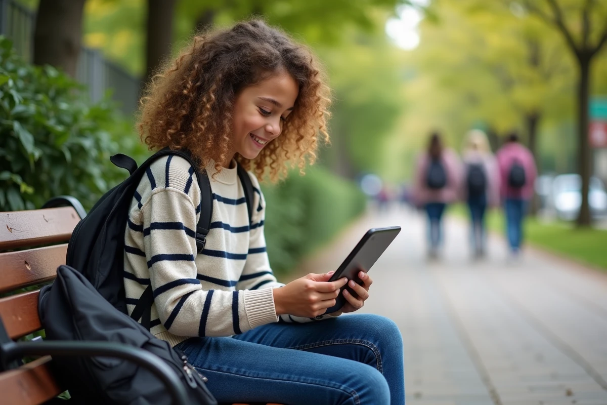 Fille avec cheveux bouclés sur un banc de parc avec tablette en main
