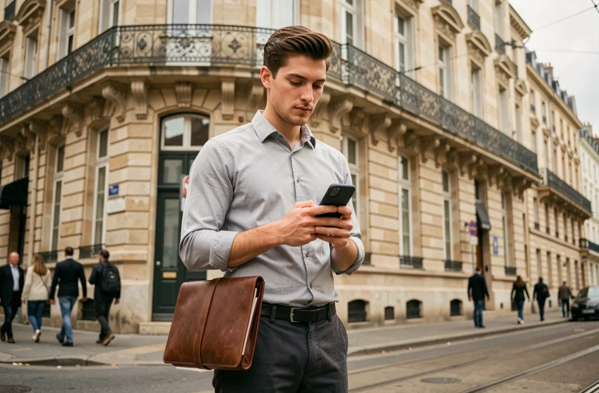 Jeune homme en recherche d'alternance marketing consultant son téléphone devant une façade bordelaise