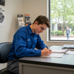 Jeune homme en formation dans un bureau moderne automobile