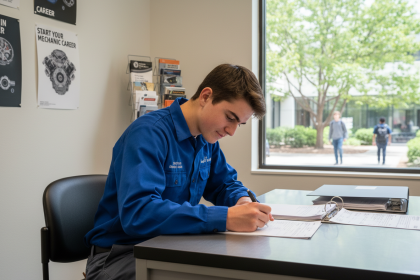 Jeune homme en formation dans un bureau moderne automobile