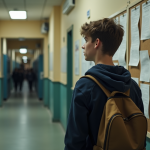 Adolescent pensif devant un panneau d'affichage scolaire