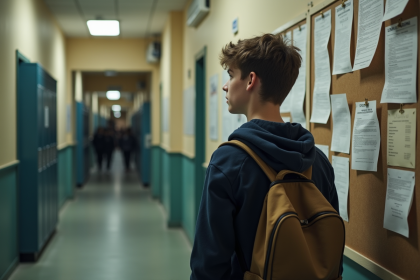 Adolescent pensif devant un panneau d'affichage scolaire