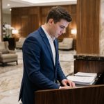 Jeune homme en costume dans un lobby d'hôtel élégant